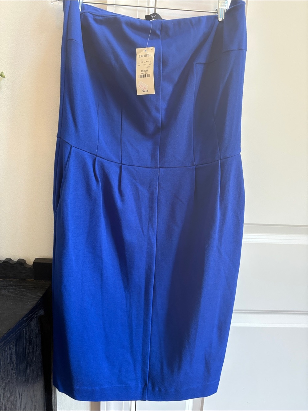 Express Cobalt Blue Strapless Midi Sheath Dress
